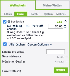 Bet at home Wettschein zu Freiburg gegen Hoffenheim