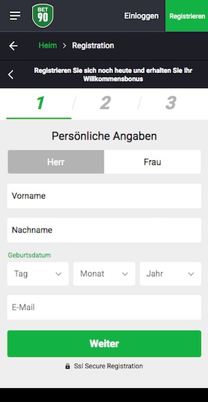 Bet90 Registrierung mobil