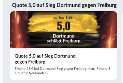 Mit erhöhten Bildbet Quoten auf Dortmund - Freiburg wetten!