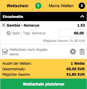 Interwetten Tippschein zu Kamerun gegen Gambia