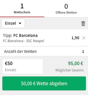 Tipico Wettschein zum Europa League Spiel FC Barcelona gegen SSC Napoli