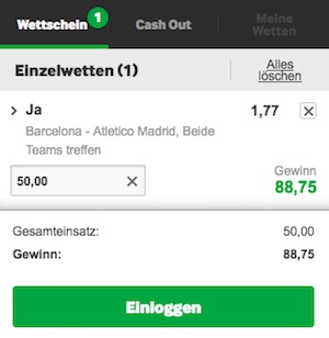 Betway Wettschein "Beide Teams treffen" zu Barca gegen Atletico Madrid