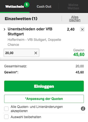Betway Doppelte Chance Wette auf Hoffenheim - Stuttgart