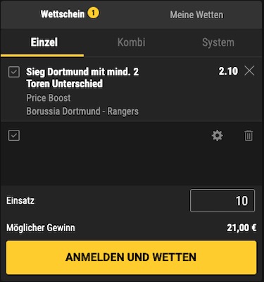 Wette mit den erhöhten Bwin Quoten auf Dortmund - Rangers
