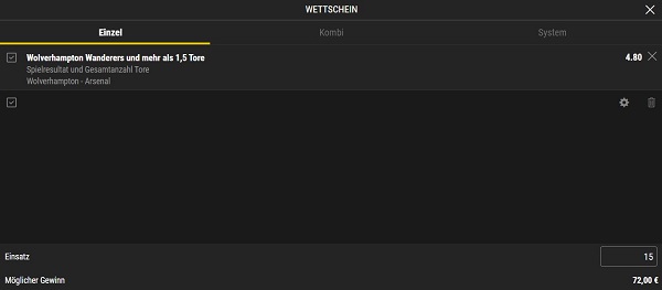 Bwin Wettschein zum Premier-League-Duell Wolverhampton Wanderers vs. FC Arsenal