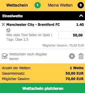 Interwetten Wettschein zu ManCity gegen Brentford