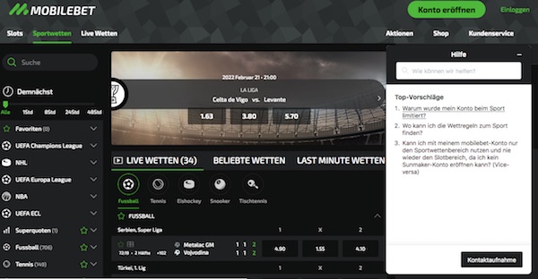 Mobilebet Homepage mit geöffnetem Supportfenster