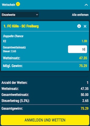 sportwetten.de Wettschein zu Köln gegen Freiburg
