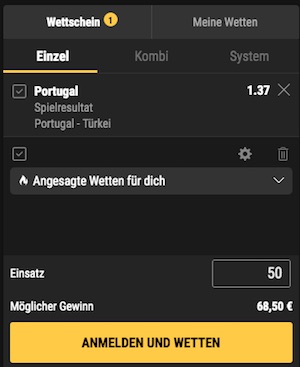 Bwin Wette auf Portugal - Türkei