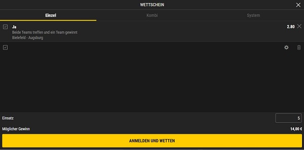 Bwin Wettschein zu Bielefeld gegen Augsburg