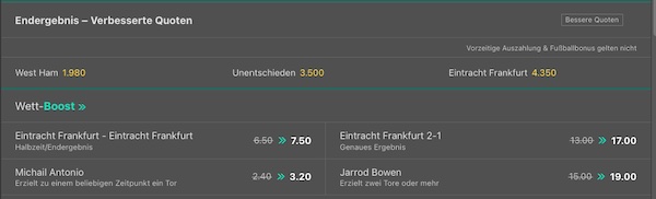 Bet365 Wettmärkte zu West Ham - Frankfurt