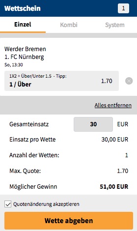 Bet3000 Wettschein zu Werder - 1. FC Nürnberg