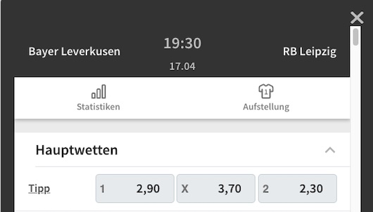 Tipico Wettübersicht zu Leverkusen - Leipzig