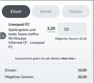 Bildbet Sportwette auf Villarreal - Liverpool