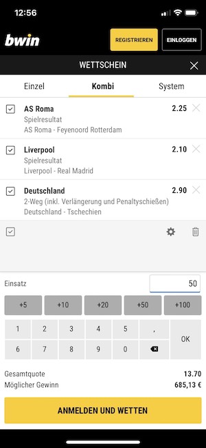 Wettschein in der Bwin Wett App