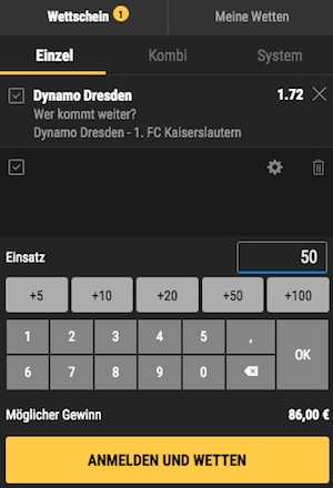 Bwin Wette auf Dynamo Dresden vs. Kaiserslautern