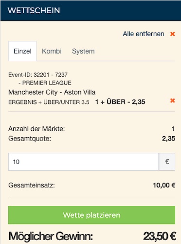 Cross Market Wette bei Happybet zu Man City - Aston Villa