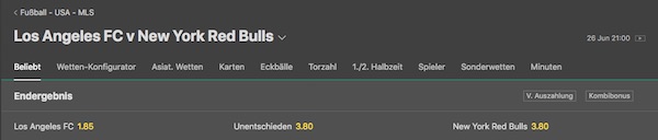 Bet365 1X2 Wettmarkt zum MLS-Spiel LA FC gegen NY RB