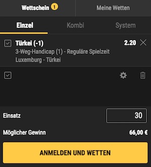 Bwin Handicap Wette auf Luxemburg gegen Türkei