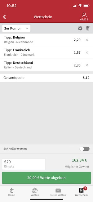 Kombiwette Wettschein in der Tipico App