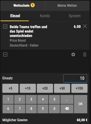 Bwin Price Boost Wette zu Deutschland - Italien