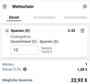 Betano Wettschein zum Spiel Deutschland - Spanien