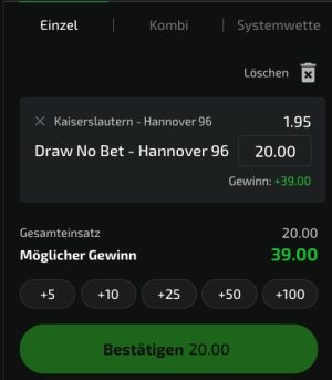 Mobilebet Wettschein zu Kaiserslautern - Hannover 96