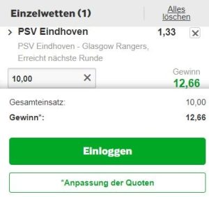Betway Wette zu PSV gegen Rangers mit Quote