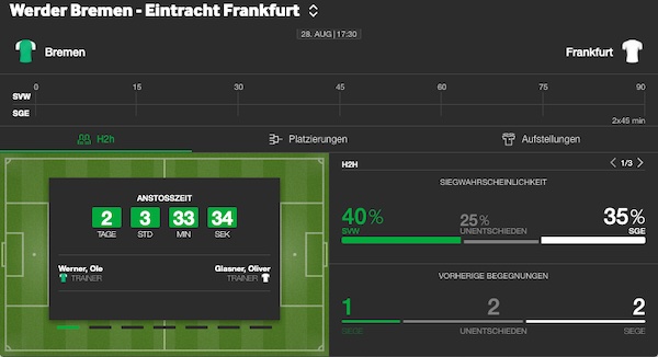 Betway Wettübersicht zu Werder Bremen - Frankfurt