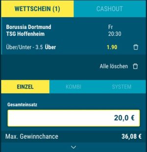 Wettschein bei sportwetten.de zu Dortmund - Hoffenheim