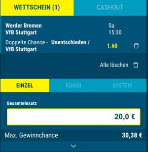 Doppelte Chance Wette auf Werder - Stuttgart bei Sportwetten.de