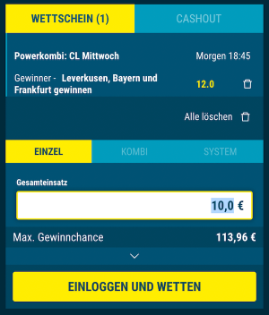 sportwetten.de CL Powerkombi Leverkusen, Bayern und Frankfurt