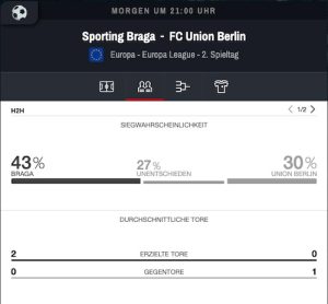 Winamax Wettübersicht zu Braga - Union Berlin