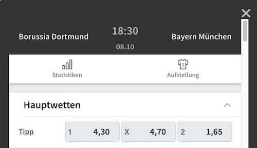 Tipico Wettübersicht samt Quoten zu BVB - FCB