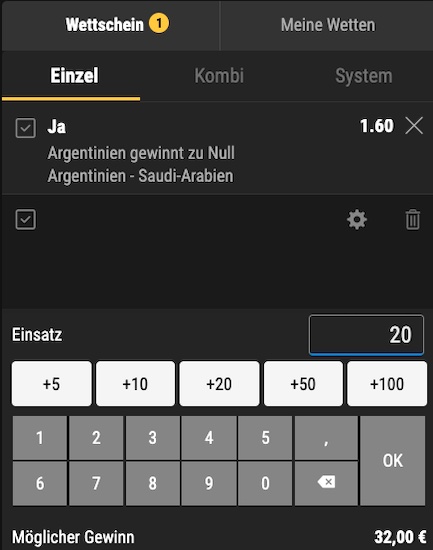 Bwin WM Wette zu Argentinien - Saudi Arabien