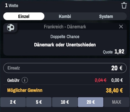 Doppelte Chance Wette zu Frankreich - Dänemark bei Winamax