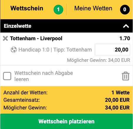 Handicap Wette bei Interwetten zu Tottenham - Liverpool