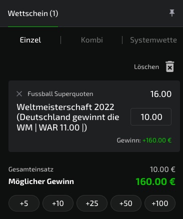 Quote 16.0 auf Deutschland gewinnt die WM bei Mobilebet