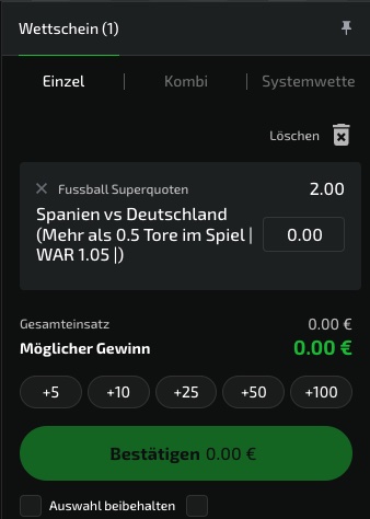 Mobilebet Quote 2.0 auf Über 0.5 Tore bei Spanien - Deutschland