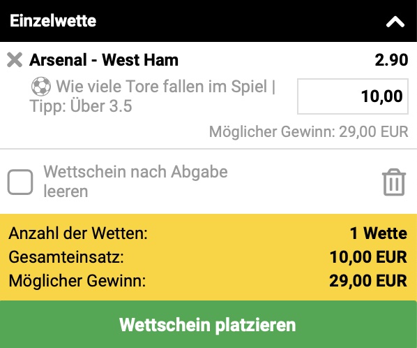 Interwetten top Angebot wette arsenal west ham