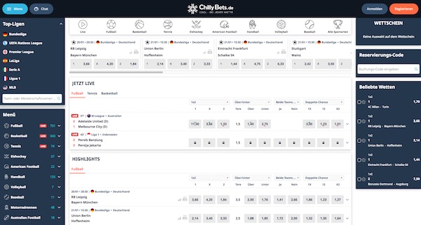 Chillybets Homepage am Desktop