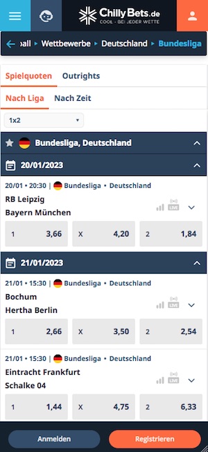 Chillybets mobile Version Bundesliga Quoten