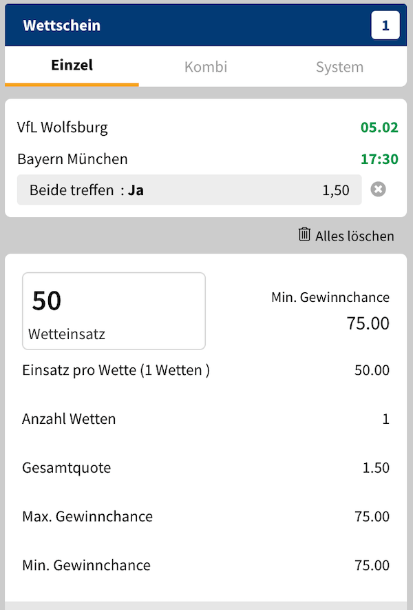 Bet3000 Wettschein Wolfsburg gegen Bayern