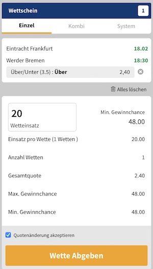 bet3000 tipp auf Eintracht Frankfurt gegen Werder Bremen