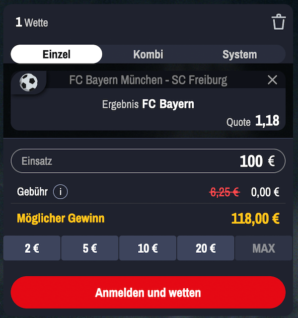 Winamax Wettschein für Bayern gegen Freiburg