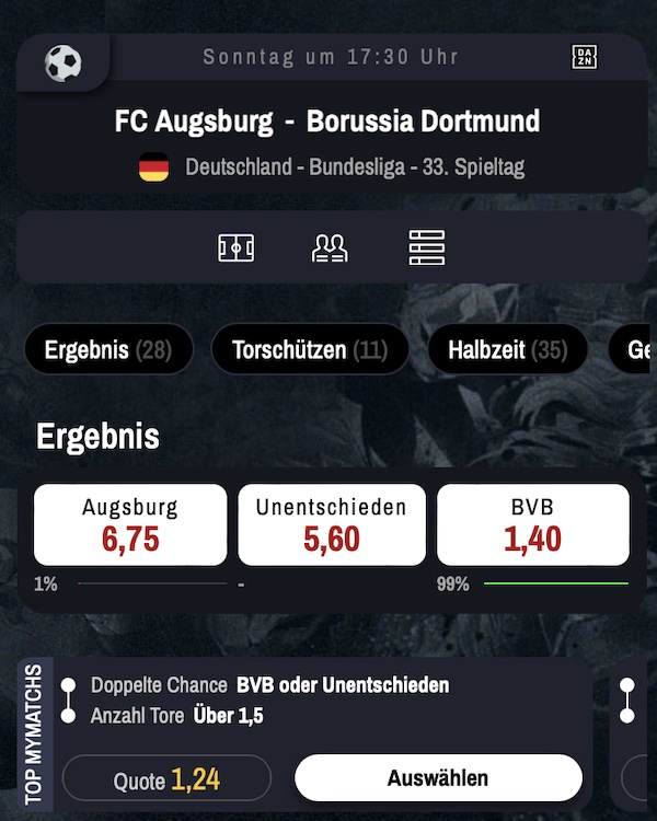 Winamax Wette mit Prognose Augsburg Dortmund