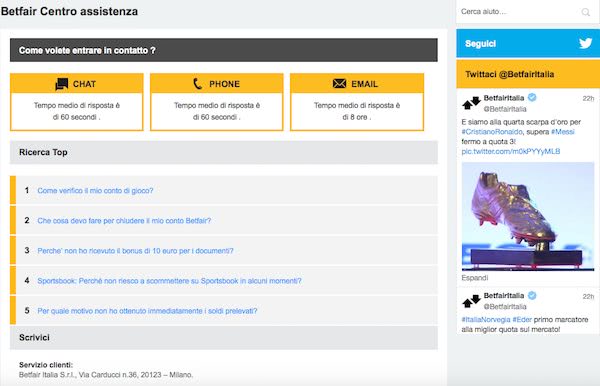 Servizio clienti Betfair - Email, Modulo di contatto, Telefono