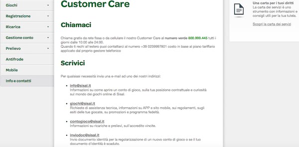 Servizio clienti Sisal - Email, Modulo di contatto, Telefono