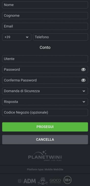 planetwin mobile registrazione