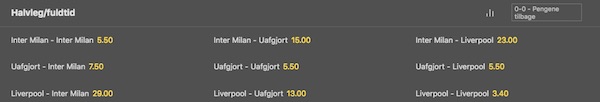 Bet365 Halvleg/fuldtid sportsvæddemål Inter vs. Liverpool